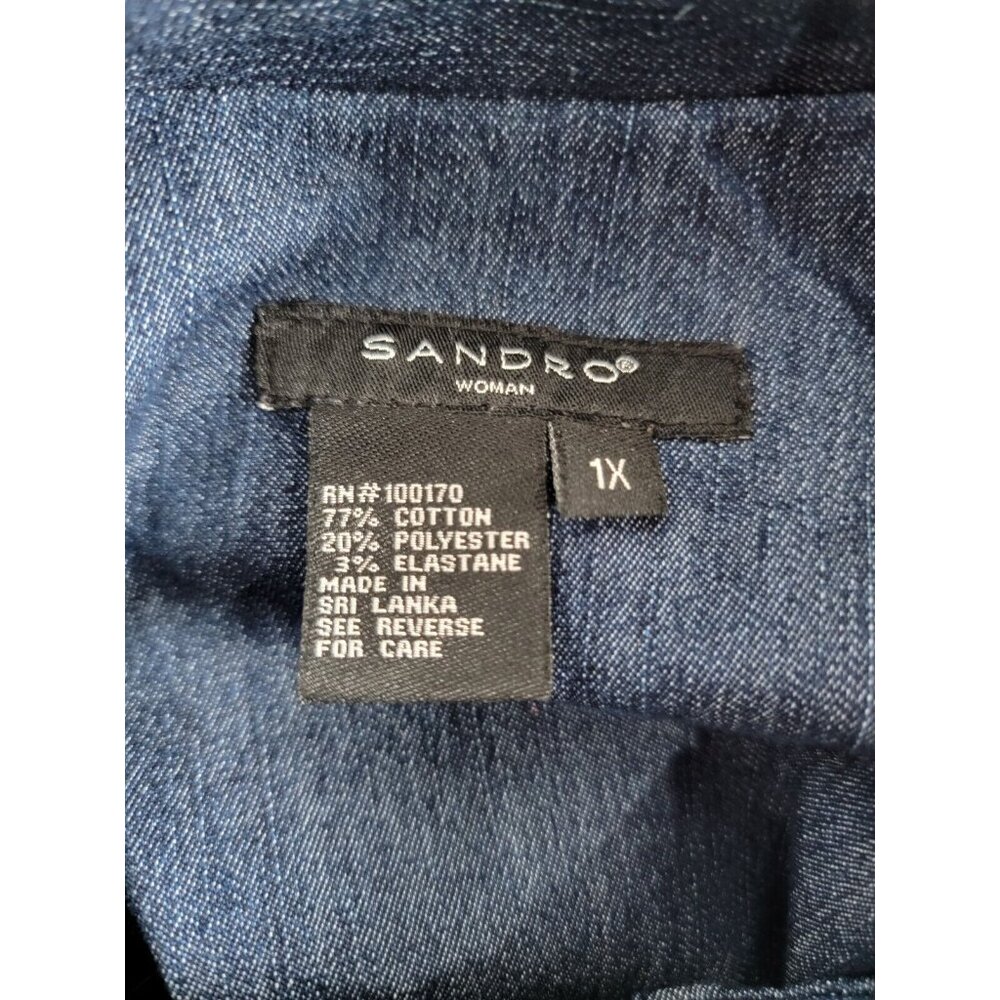 Sandro Women Zip Snap Up Chambray Jacket Size 1X Blue Drawstring Pockets Stretch - Picture 3 of 8